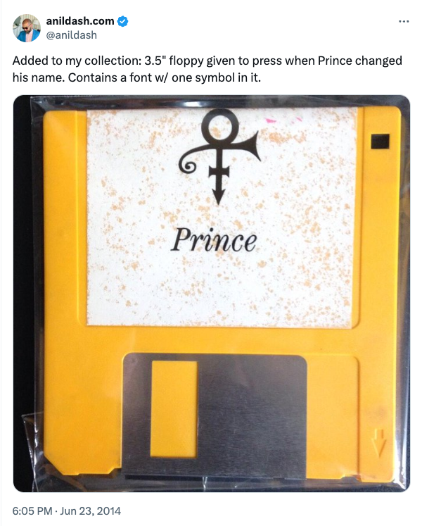 Tweet by Anil Dash of Prince's floppy disc